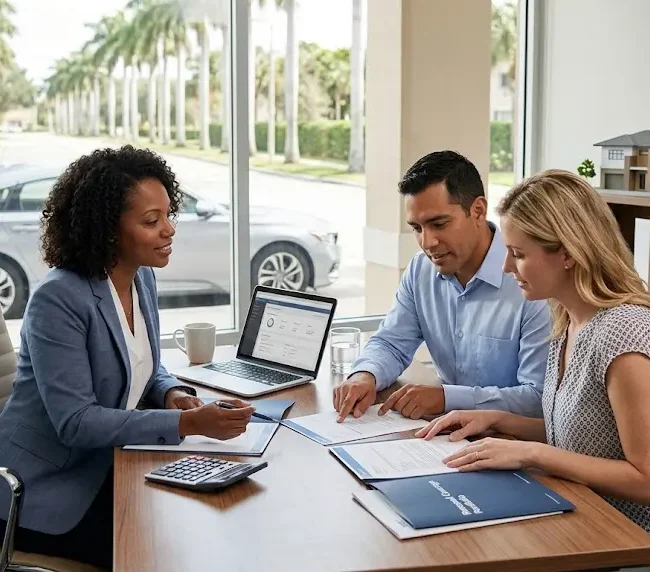 Insurance advisor reviewing coverage options with a couple in a modern office