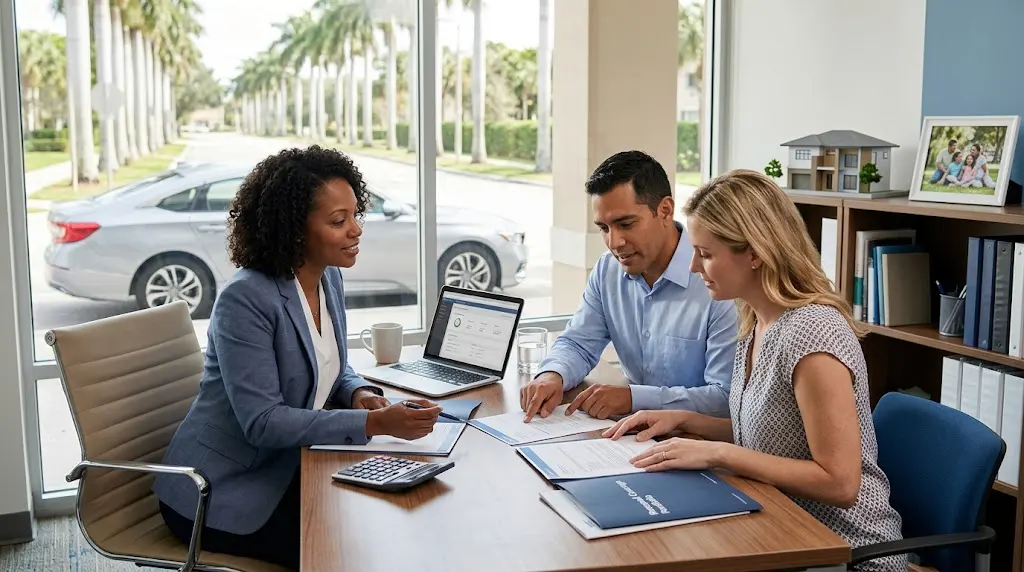 Insurance advisor reviewing coverage options with a couple in a modern office