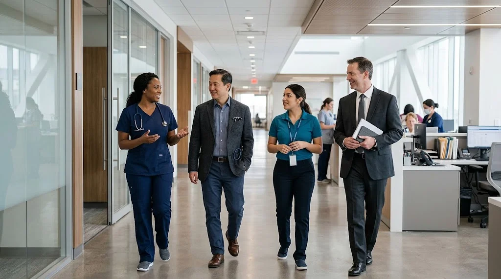 Healthcare professionals walking together in a modern hospital while building their careers