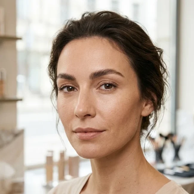 Adult woman with softly shaped natural-looking eyebrows and subtle makeup.