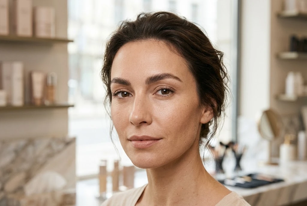 Adult woman with softly shaped natural-looking eyebrows and subtle makeup.