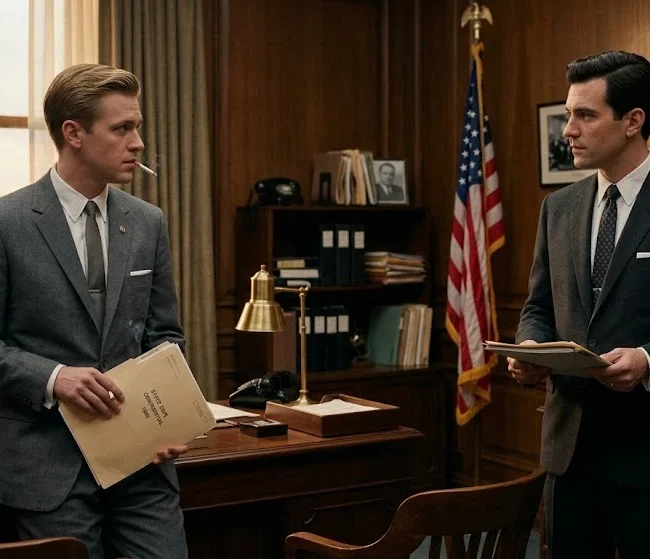 Two fictional 1950s political staffers in a Washington office representing the historical drama Fellow Travelers