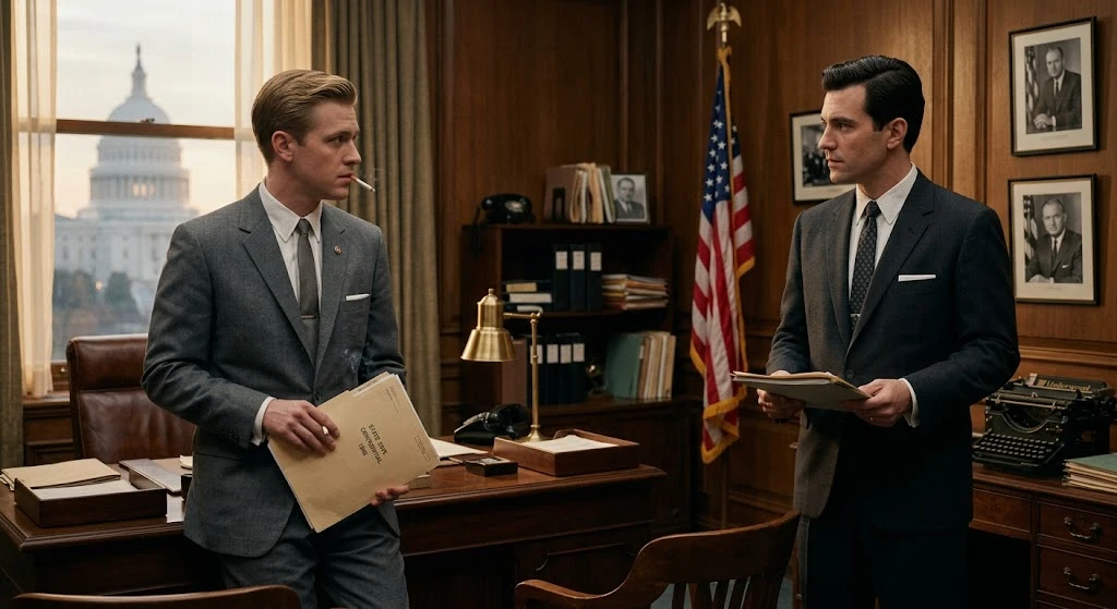 Two fictional 1950s political staffers in a Washington office representing the historical drama Fellow Travelers