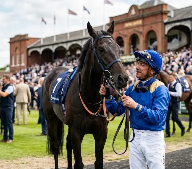 Frankie Dettori preparing beside a racehorse for his British racing comeback