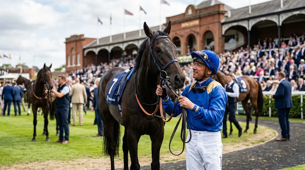 Frankie Dettori preparing beside a racehorse for his British racing comeback