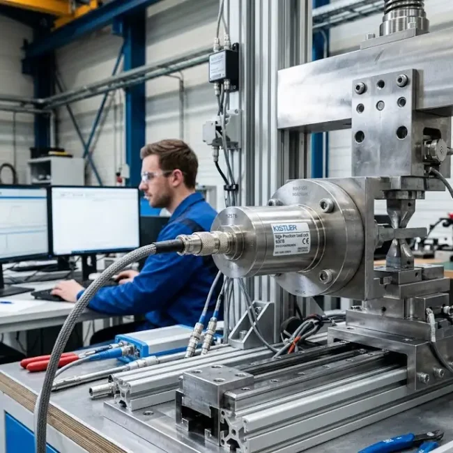 Precision sensor mounted on an engineering test fixture with digital measurement equipmen