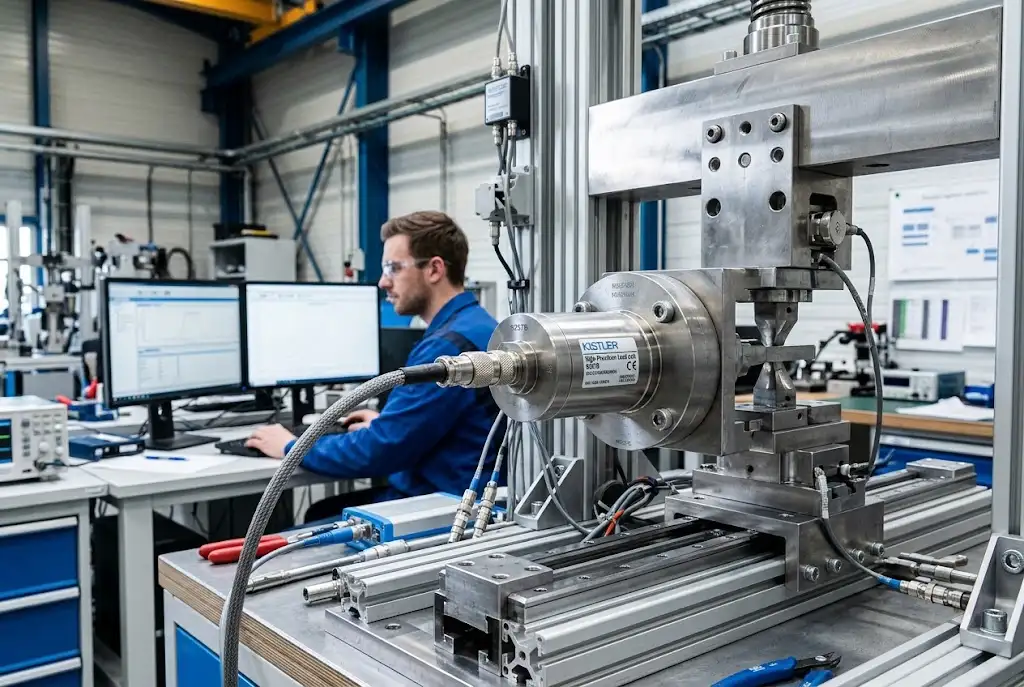 Precision sensor mounted on an engineering test fixture with digital measurement equipmen