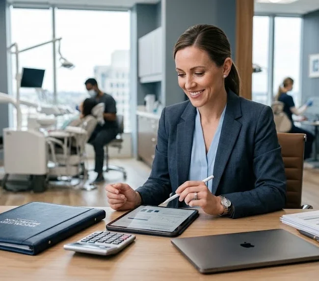 Dentist reviewing insurance documents and coverage options in a modern dental office