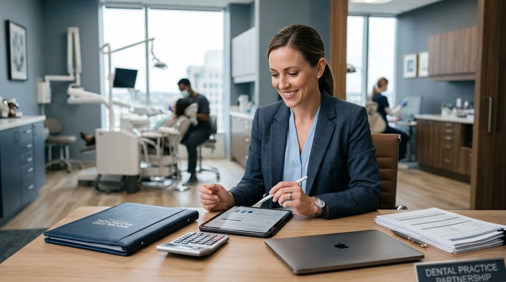 Dentist reviewing insurance documents and coverage options in a modern dental office