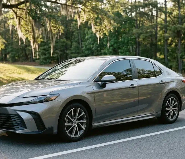 Modern car with professionally installed tinted side windows on a Georgia roadway.