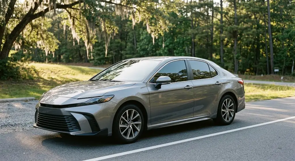 Modern car with professionally installed tinted side windows on a Georgia roadway.
