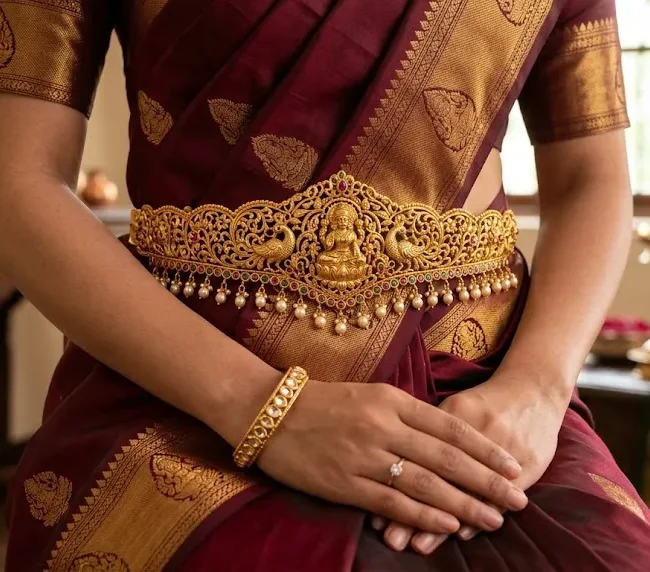 Traditional gold vaddanam waist belt styled with a South Indian silk saree