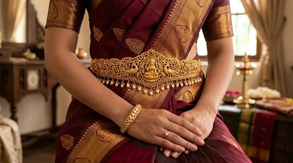 Traditional gold vaddanam waist belt styled with a South Indian silk saree