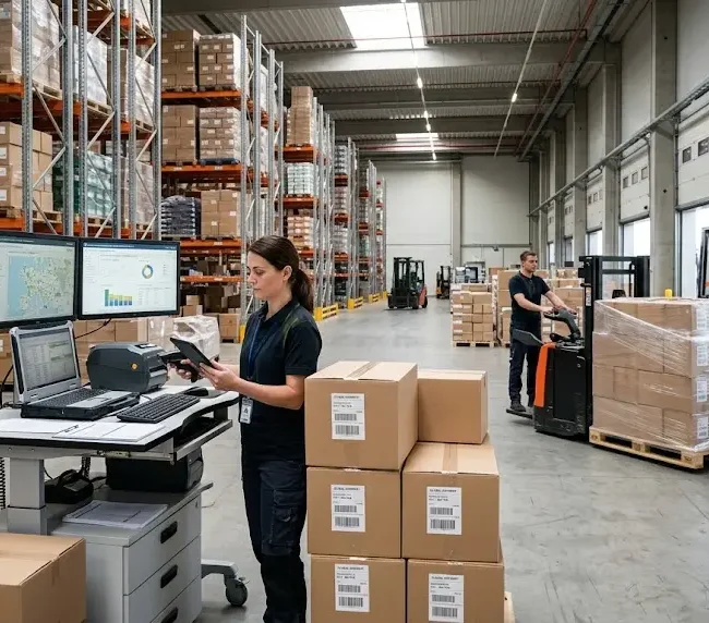 Modern logistics warehouse with packaged shipments and organized inventory ready for fulfillment