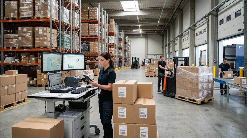 Modern logistics warehouse with packaged shipments and organized inventory ready for fulfillment