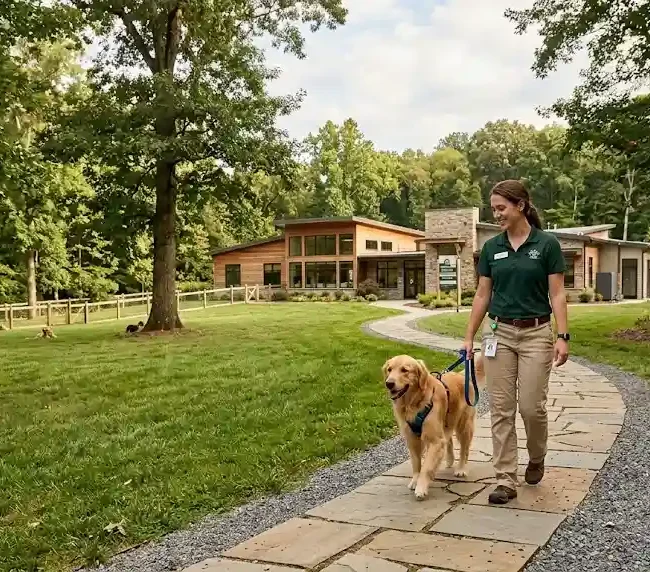 Dog walking with a pet-care professional outside a wooded pet resort near Urbana, Maryland