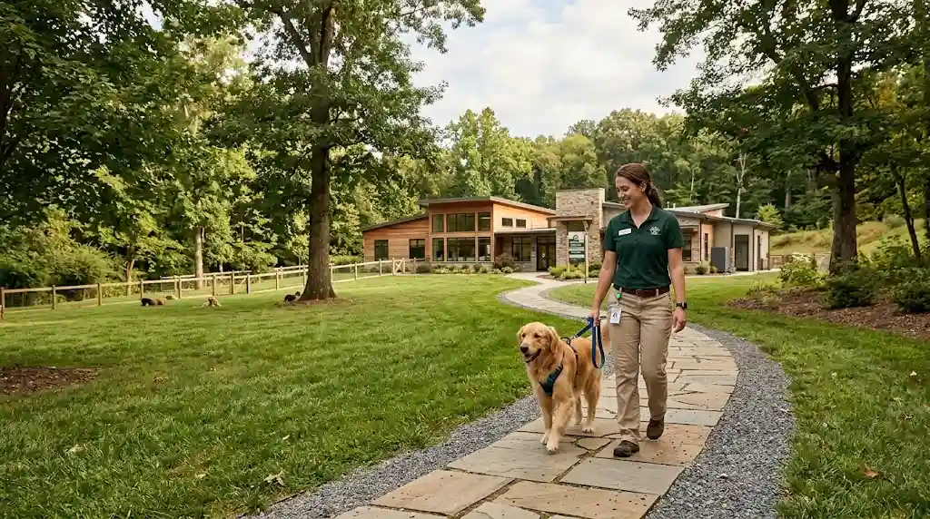 Dog walking with a pet-care professional outside a wooded pet resort near Urbana, Maryland