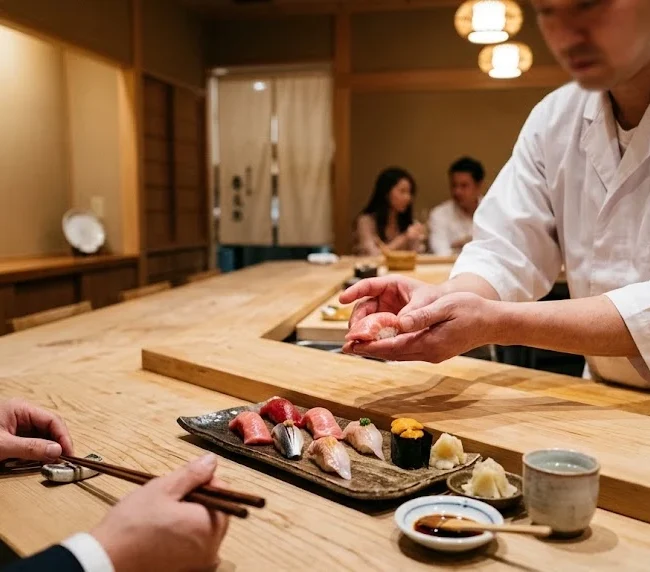 Chef preparing Edomae sushi at an intimate Japanese counter in Tokyo