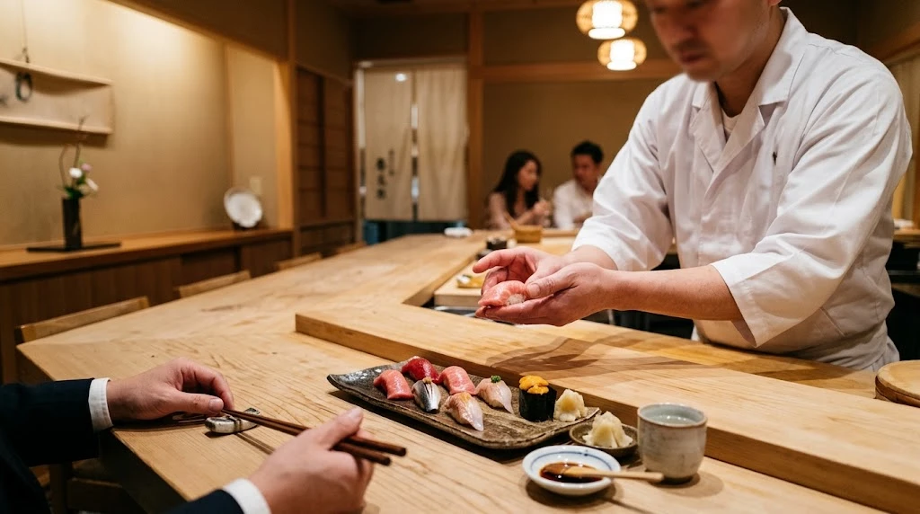 Chef preparing Edomae sushi at an intimate Japanese counter in Tokyo