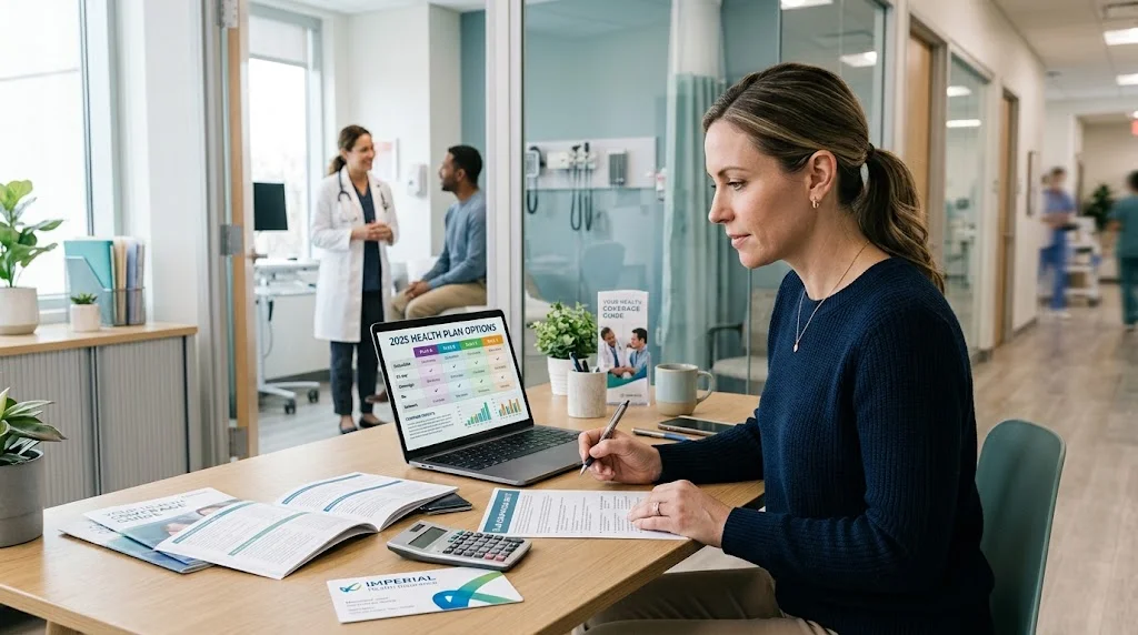 Consumer reviewing a health insurance plan comparison with healthcare documents and a laptop