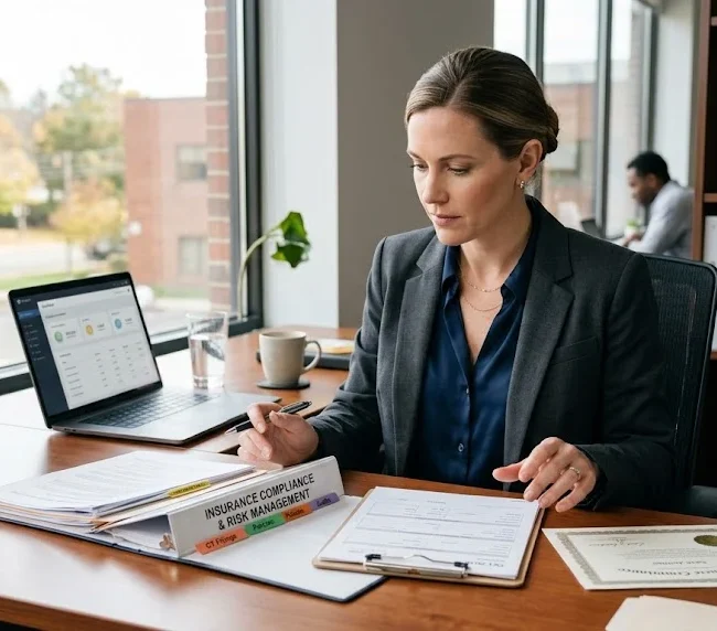 Business professional reviewing insurance compliance documents in a Connecticut office.