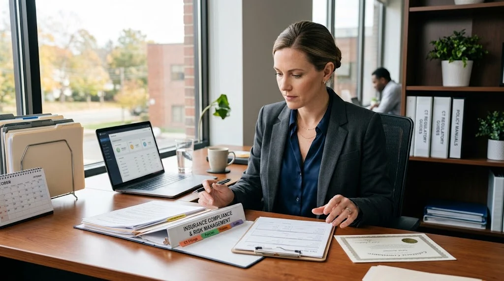 Business professional reviewing insurance compliance documents in a Connecticut office.