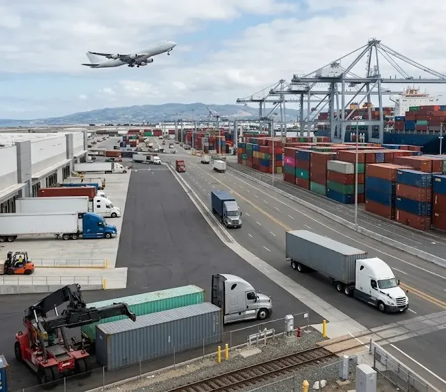 Modern global logistics operations with cargo containers, trucks, aircraft, and warehouse facilities