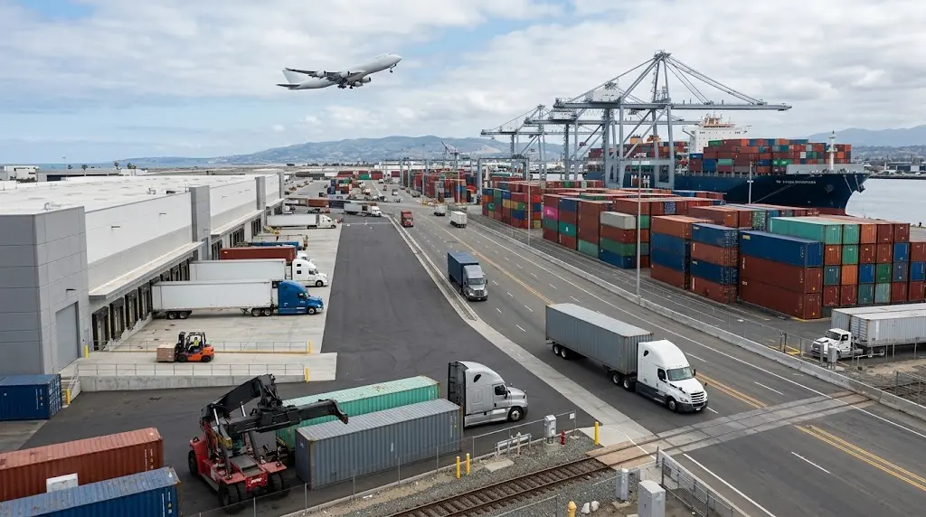 Modern global logistics operations with cargo containers, trucks, aircraft, and warehouse facilities