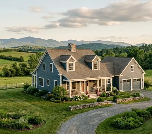 Vermont home surrounded by trees and rolling countryside in a scenic residential setting