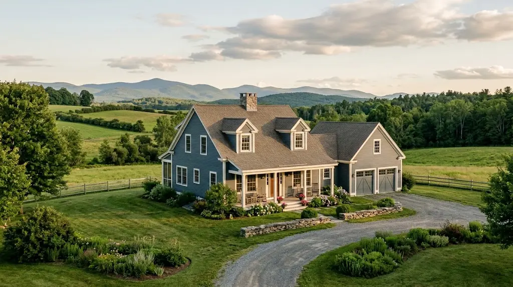 Vermont home surrounded by trees and rolling countryside in a scenic residential setting