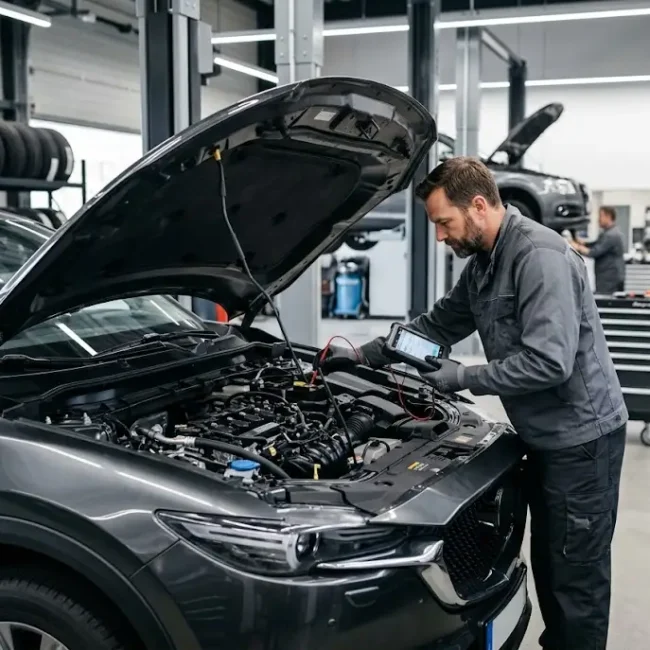 Professional auto technician inspecting a modern vehicle in a clean service bay.
