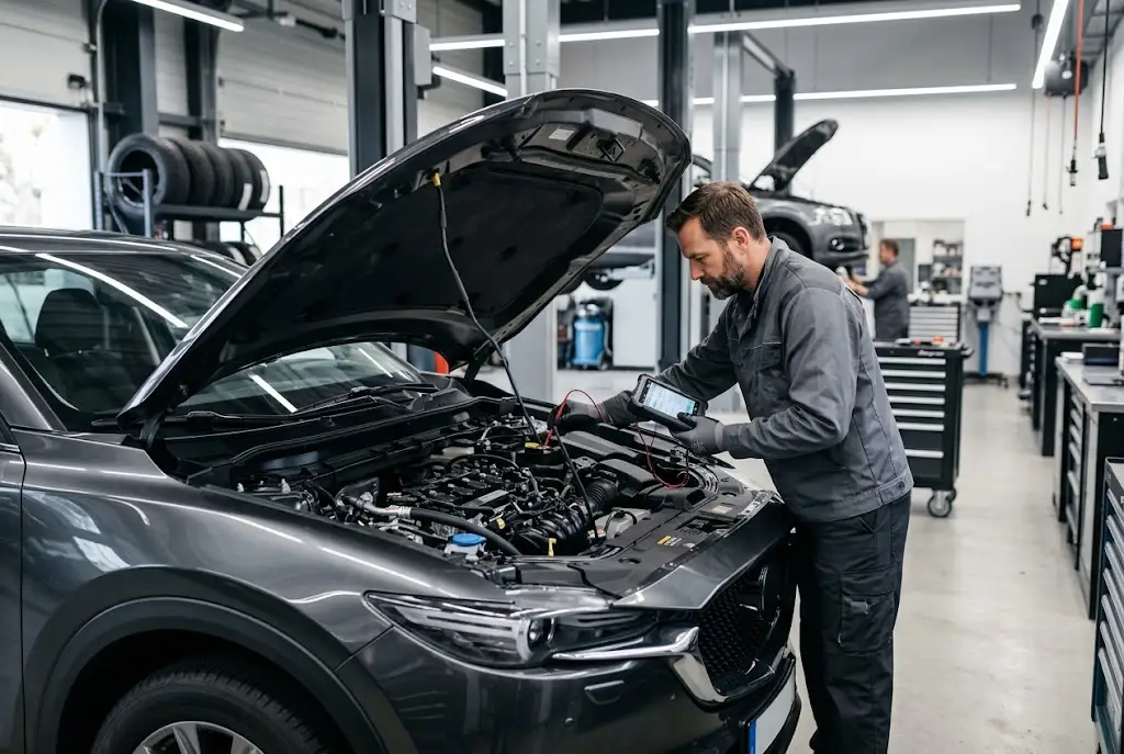 Professional auto technician inspecting a modern vehicle in a clean service bay.