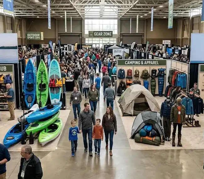 Visitors exploring outdoor recreation exhibits at a sports expo