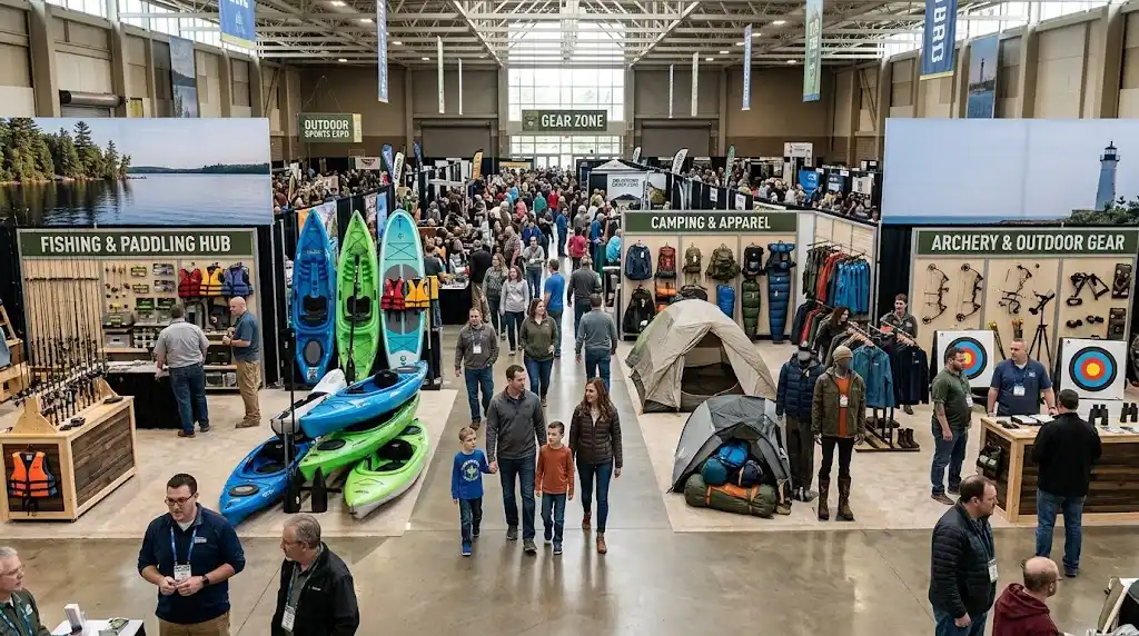 Visitors exploring outdoor recreation exhibits at a sports expo