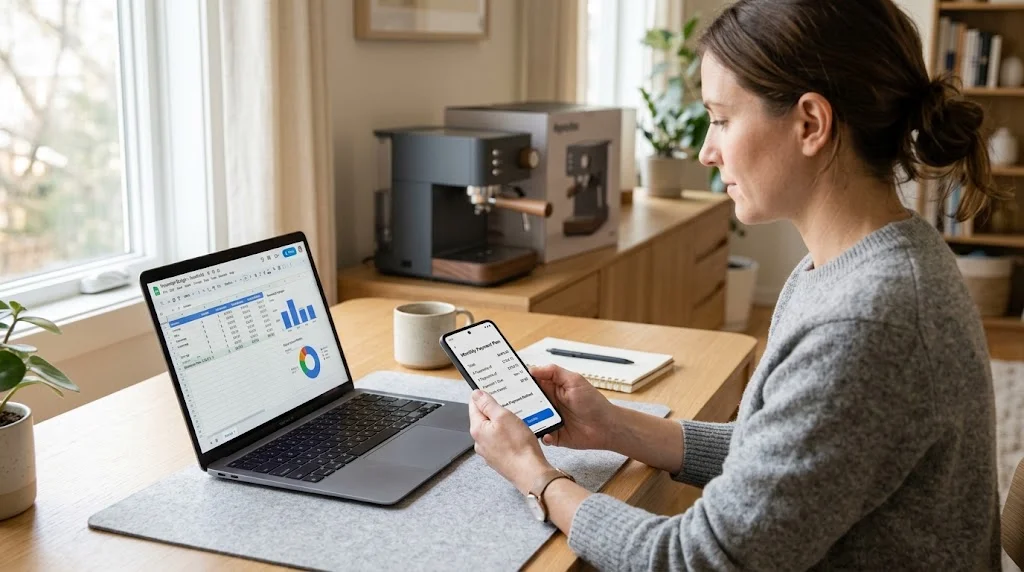 Consumer reviewing a pay-over-time financing plan on a smartphone beside a household budgeting laptop