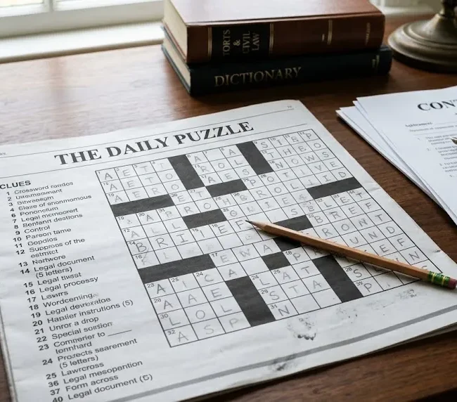 Crossword puzzle with legal documents and a pencil on a desk