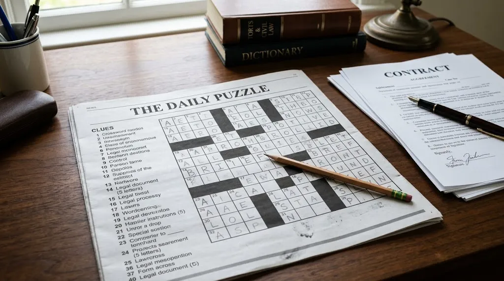 Crossword puzzle with legal documents and a pencil on a desk