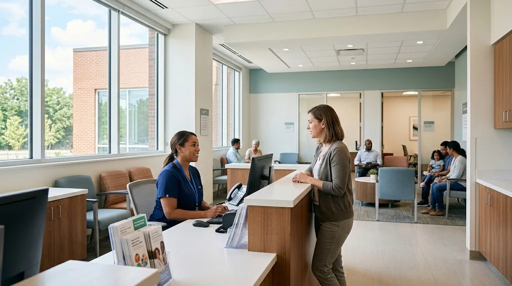 Lentz Health Clinic wellness care setting with a patient speaking with healthcare staff