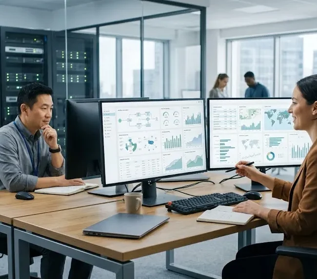 Business analysts reviewing connected data dashboards and workflow automation systems in a modern office