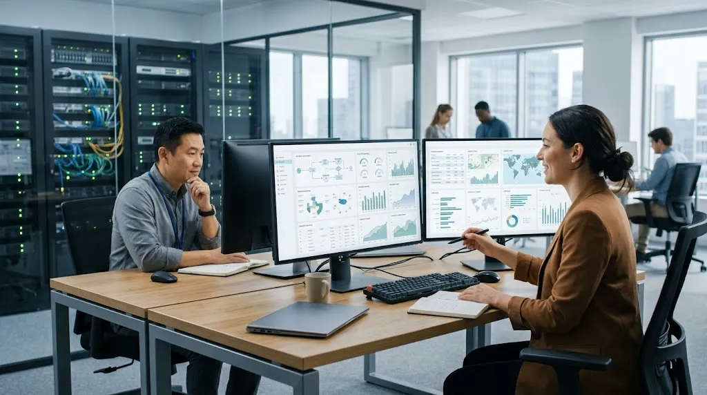 Business analysts reviewing connected data dashboards and workflow automation systems in a modern office