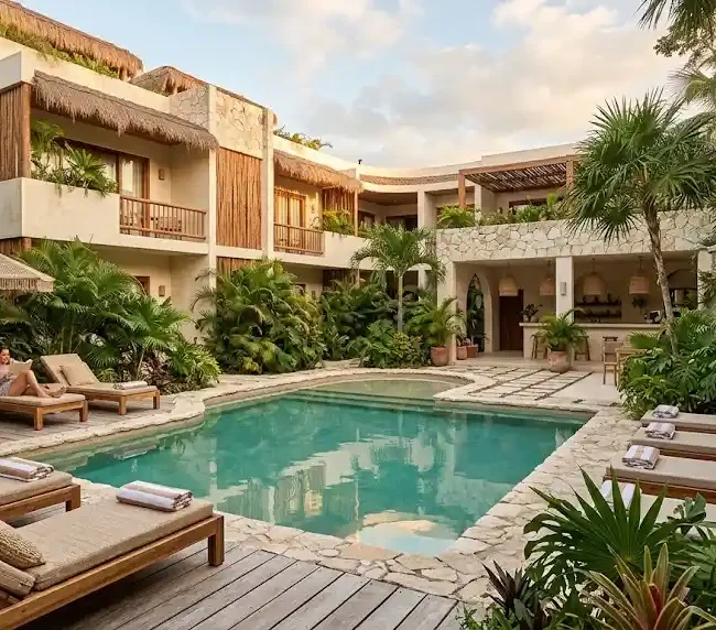 Boutique-style hotel with a tropical courtyard pool in Tulum, Mexico.