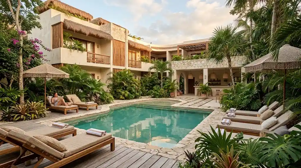 Boutique-style hotel with a tropical courtyard pool in Tulum, Mexico.