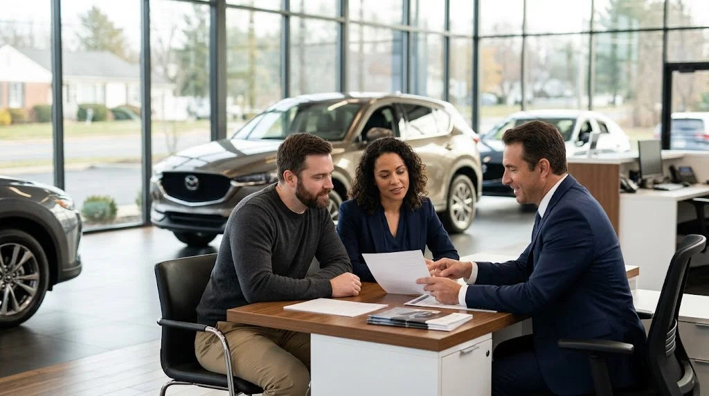 Car buyers discussing vehicle financing with a dealership advisor