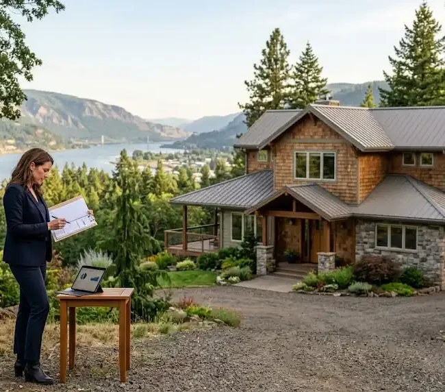 Residential investment property in the Hood River area with a professional reviewing real estate documents