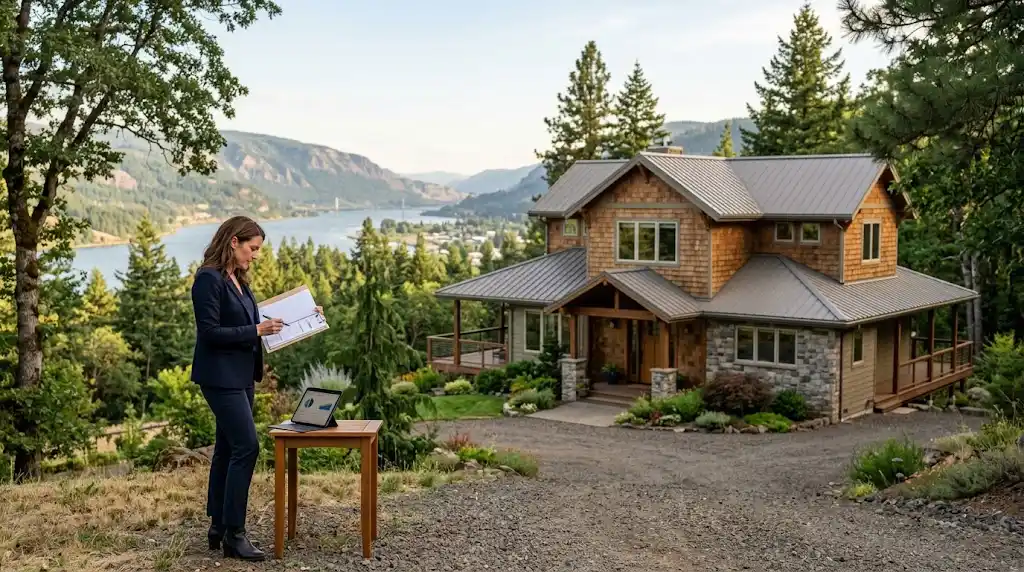 Residential investment property in the Hood River area with a professional reviewing real estate documents