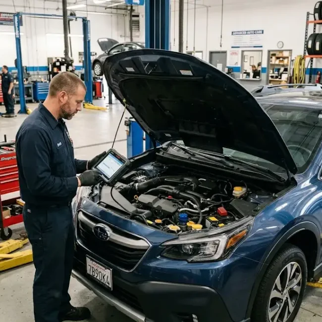 Mechanic using diagnostic equipment to inspect a vehicle in a professional auto service workshop