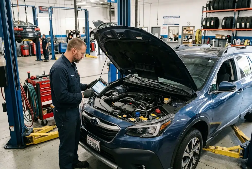 Mechanic using diagnostic equipment to inspect a vehicle in a professional auto service workshop