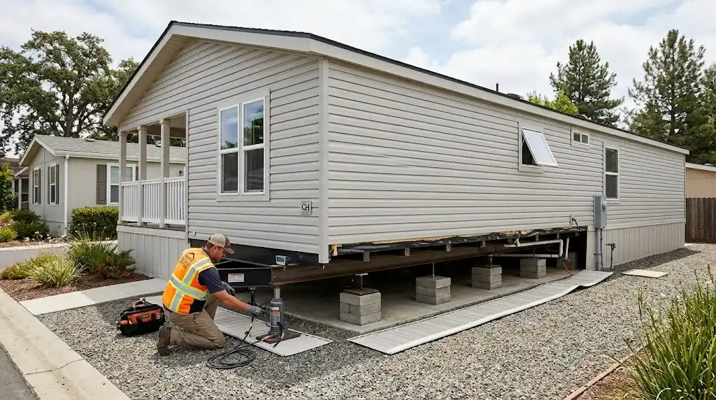 Professional technician inspecting the support system beneath a manufactured home during leveling work.