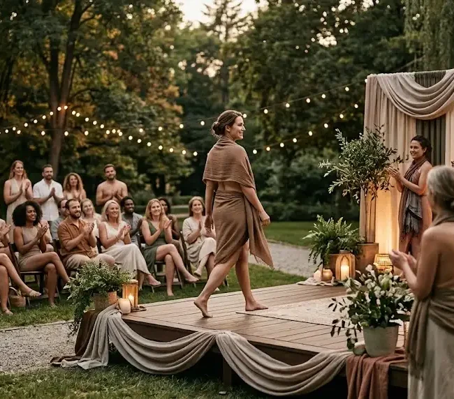 Adults participating in a tasteful naturist pageant-style event focused on confidence and self-expression.