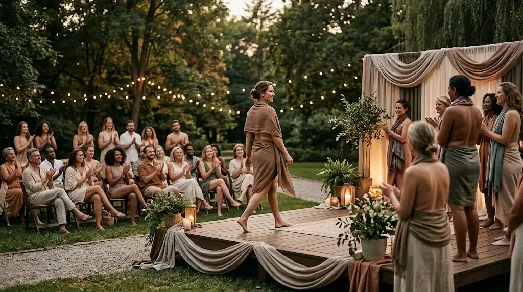 Adults participating in a tasteful naturist pageant-style event focused on confidence and self-expression.